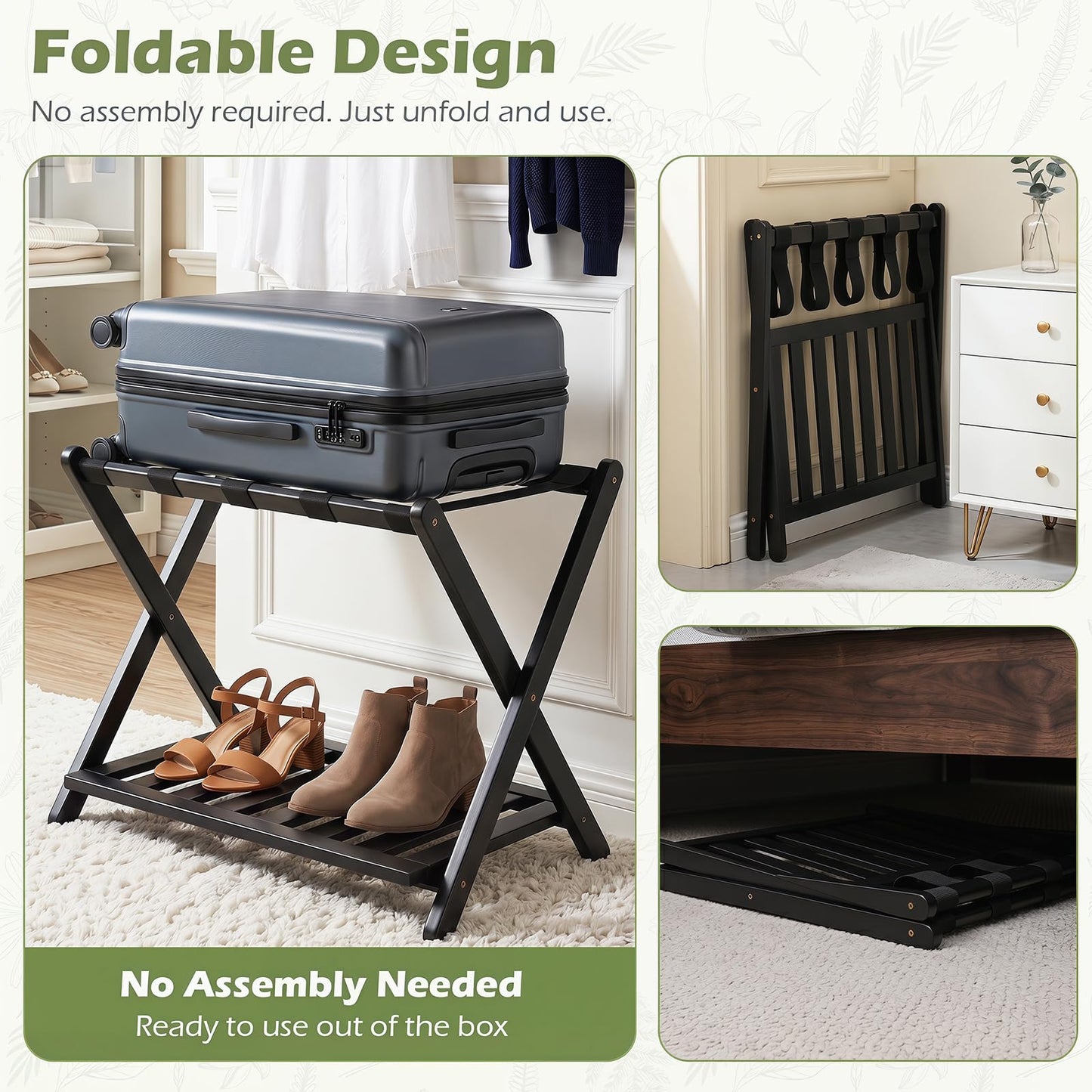 Bamboo Luggage Rack, Folding Suitcase Stand with Straps and Storage Shelf