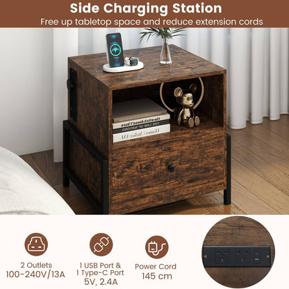 Nightstand with Charging Station 3-Tier Bedside Table with Drawer