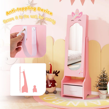 Kids Jewelry Cabinet with Full-Length Mirror and Foldable Drawer