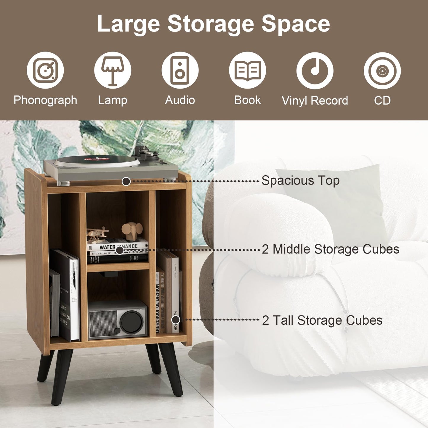 Record Player Stand with 4 Open Shelves Power Outlet USB Charging Port