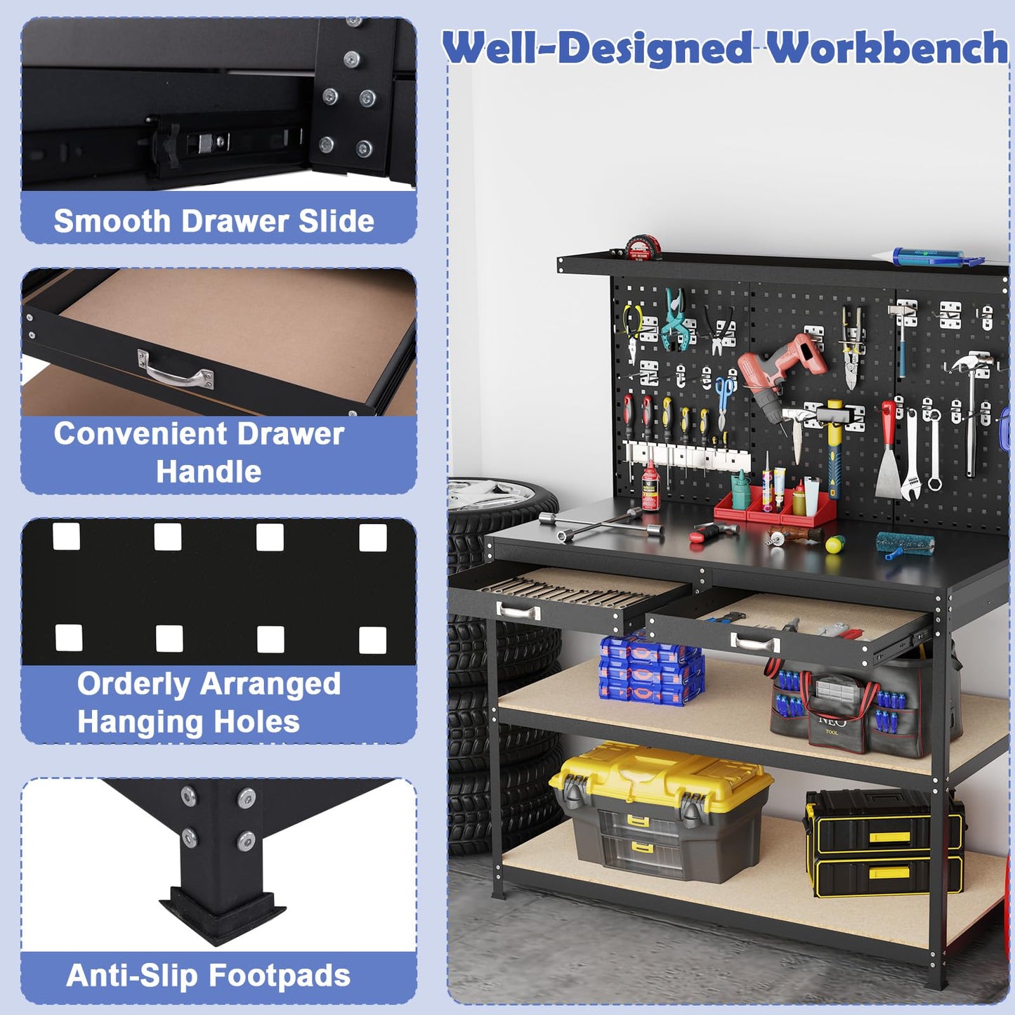 121x61x156cm Metal Workbench with Pegboard with 2 Drawers & 24 Hanging Accessories