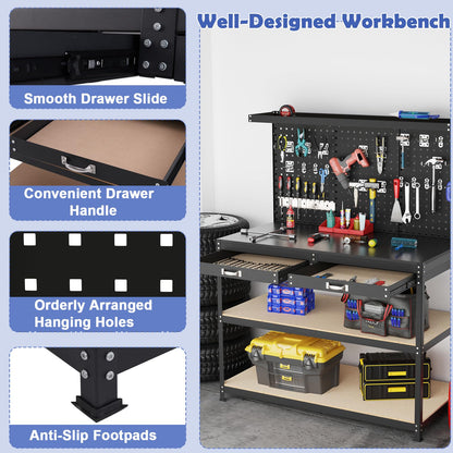 121x61x156cm Metal Workbench with Pegboard with 2 Drawers & 24 Hanging Accessories