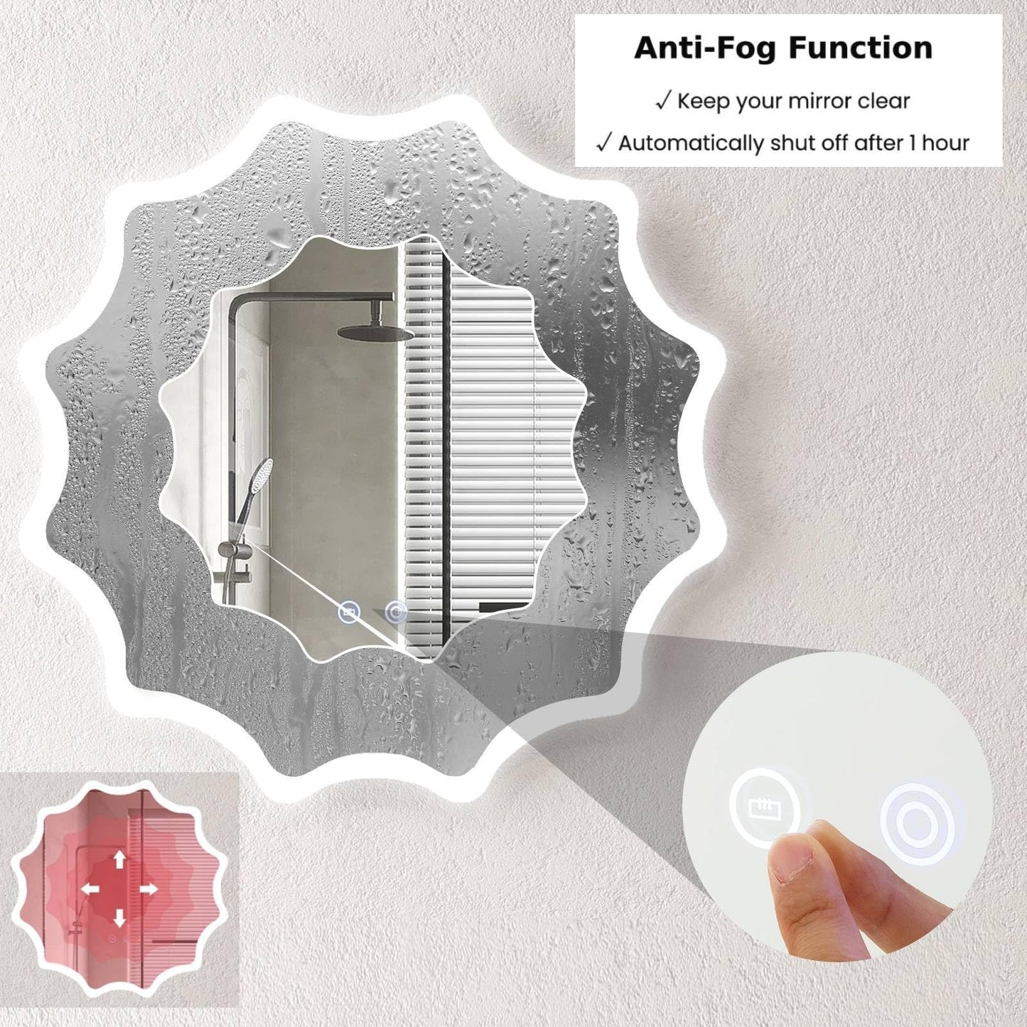 60 x 60 cm LED Waved Edge Round Wall Mirror with 3-Color Lights