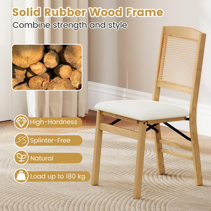 Wooden Folding Chairs Set of 2 Rustic Rubber Wood Dining Chairs with Linen Padded Seat