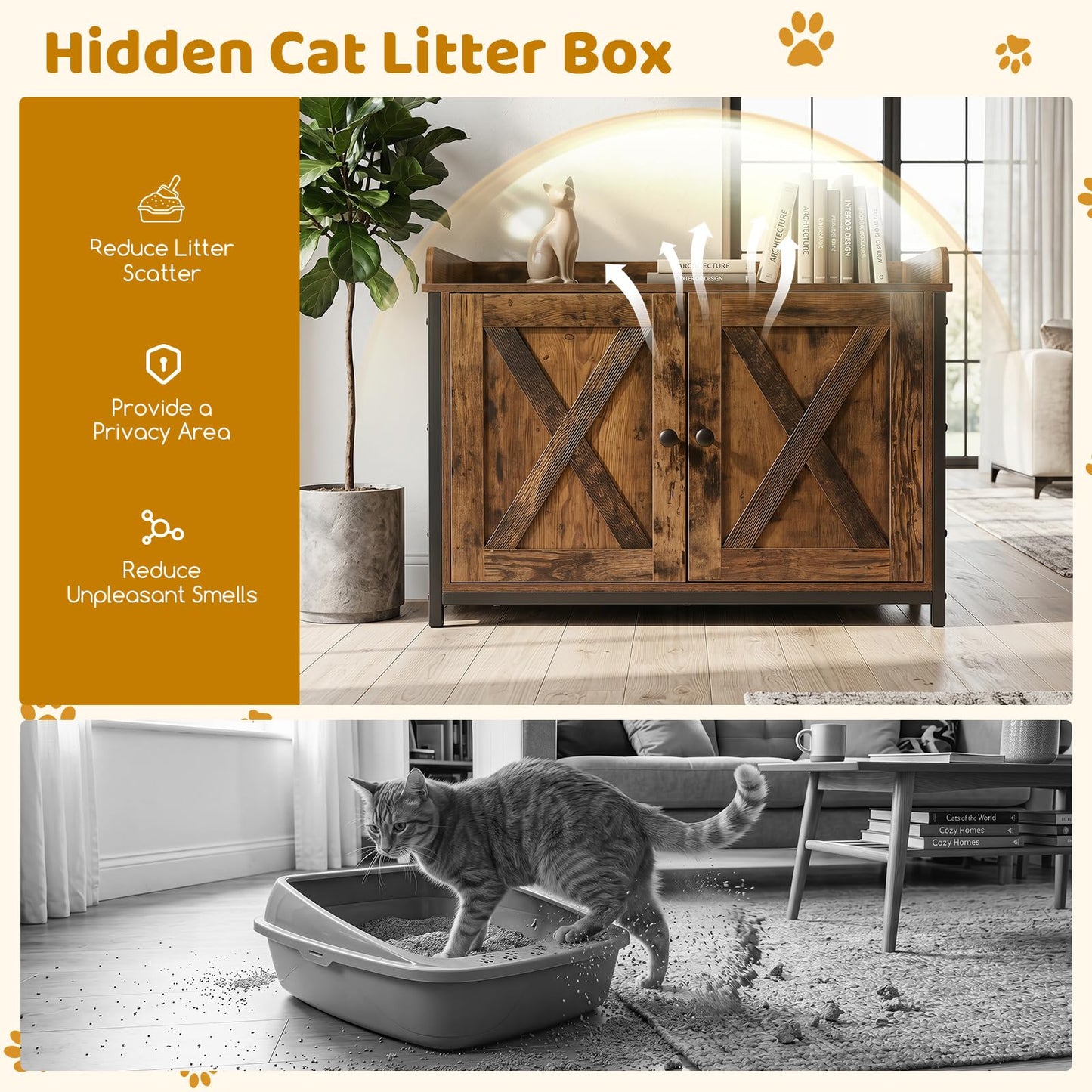 Cat Litter Box Enclosure with 2 Barn Doors Metal Legs and Side Entrance