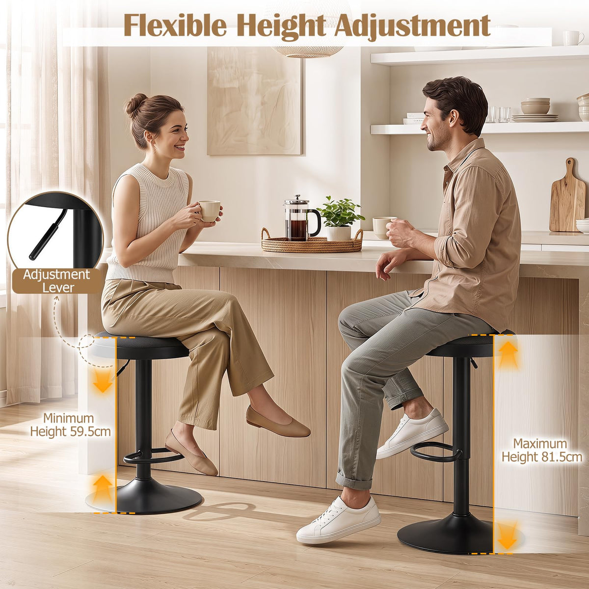 Bar Stools Set of 1 with Fabric Padded Seat & Adjustable Height