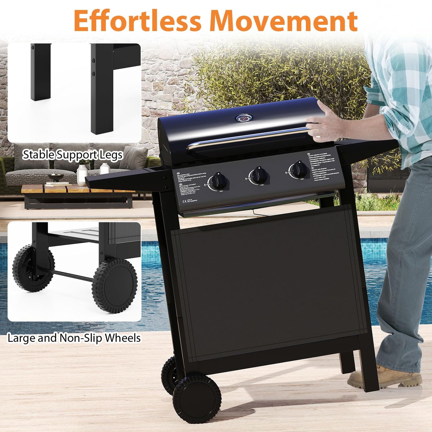 3-Burner Propane Gas Grill 24,000 BTU Portable with Lid and Side Tables
