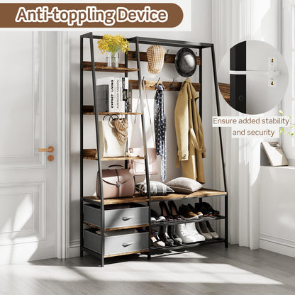 6-in-1 Freestanding Garment Coat Rack with 9 Hooks and 6 Storage Shelves