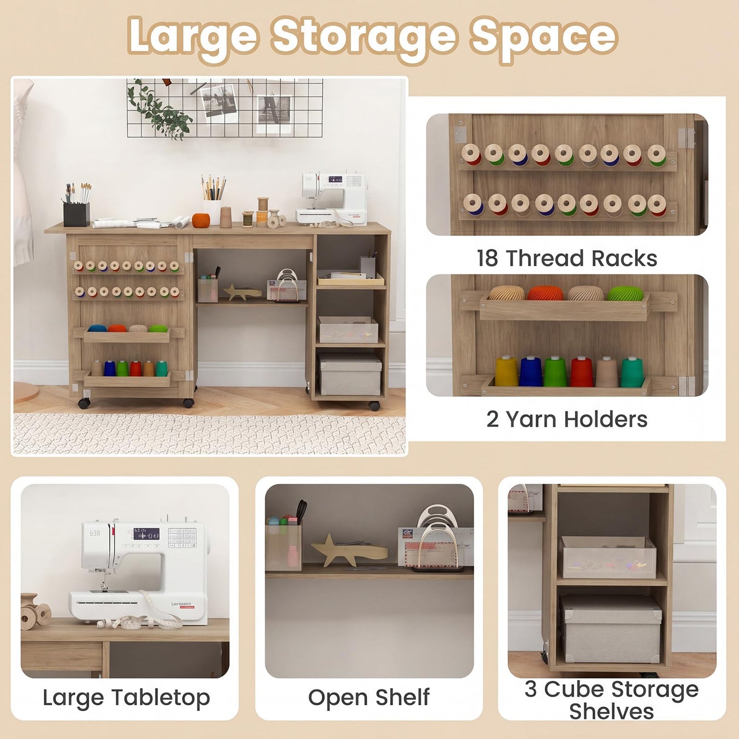 Folding Sewing Table, Rolling Craft Table Hobby Desk with Storage Shelves