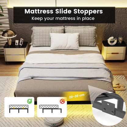 Double/King Size Floating Bed Frame with LED Lights, 4FT6/5FT Metal Slat Support Bedstead Platform Bed