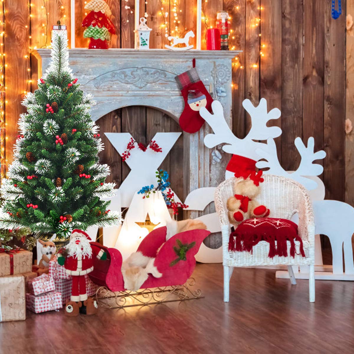 4FT Christmas Tree, Small Artificial Xmas Trees with Pine Cones and Base