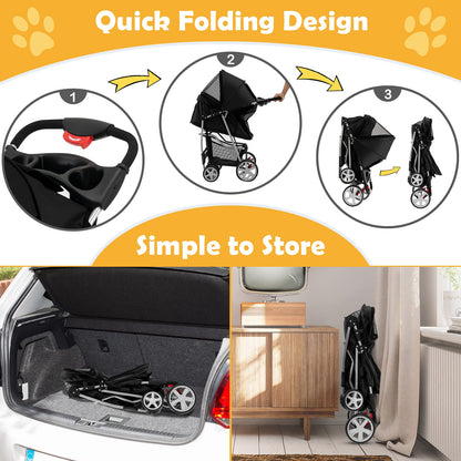 4-Wheel Folding Pet Stroller with Storage Basket and Adjustable Canopy