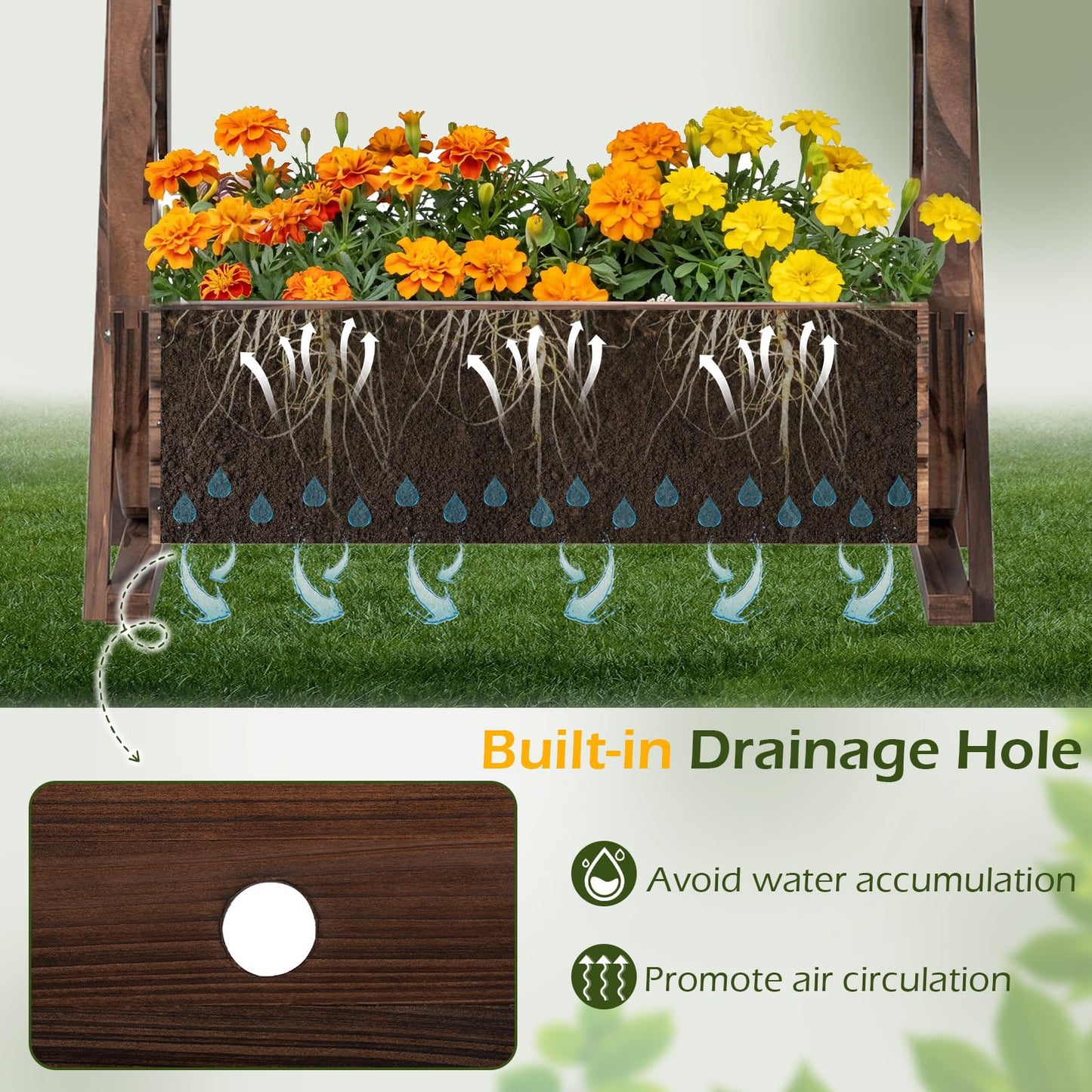 Wood Wagon Planter Box, 2-Tier Rustic Raised Garden Bed with Drainage Holes