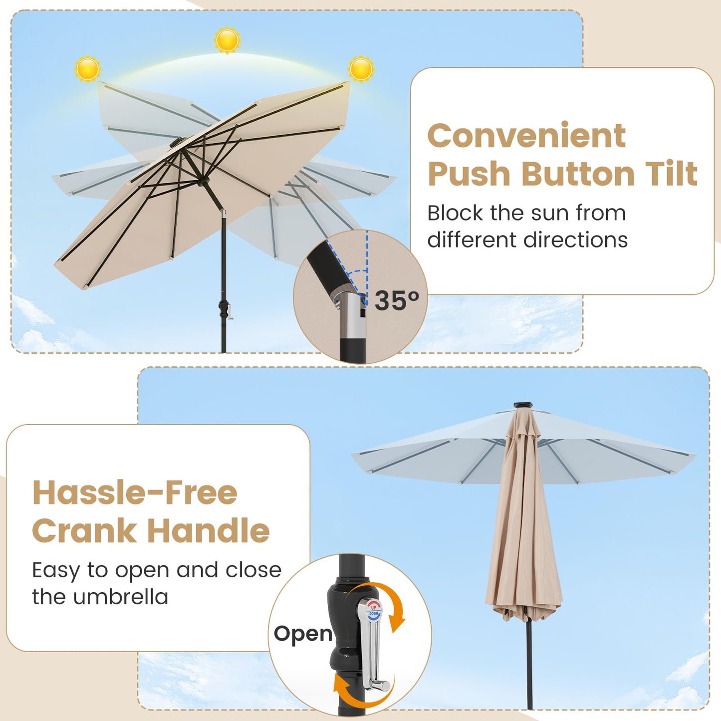 96 Solar Powered LED Lights Patio Umbrella with Tilt