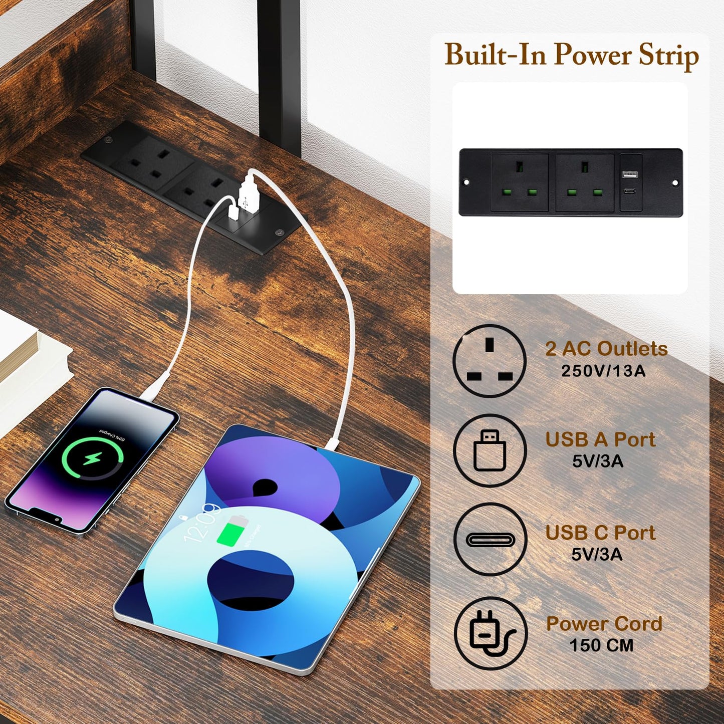Computer Desk with Power Strip 120 CM Study Writing Desk with Bookshelf