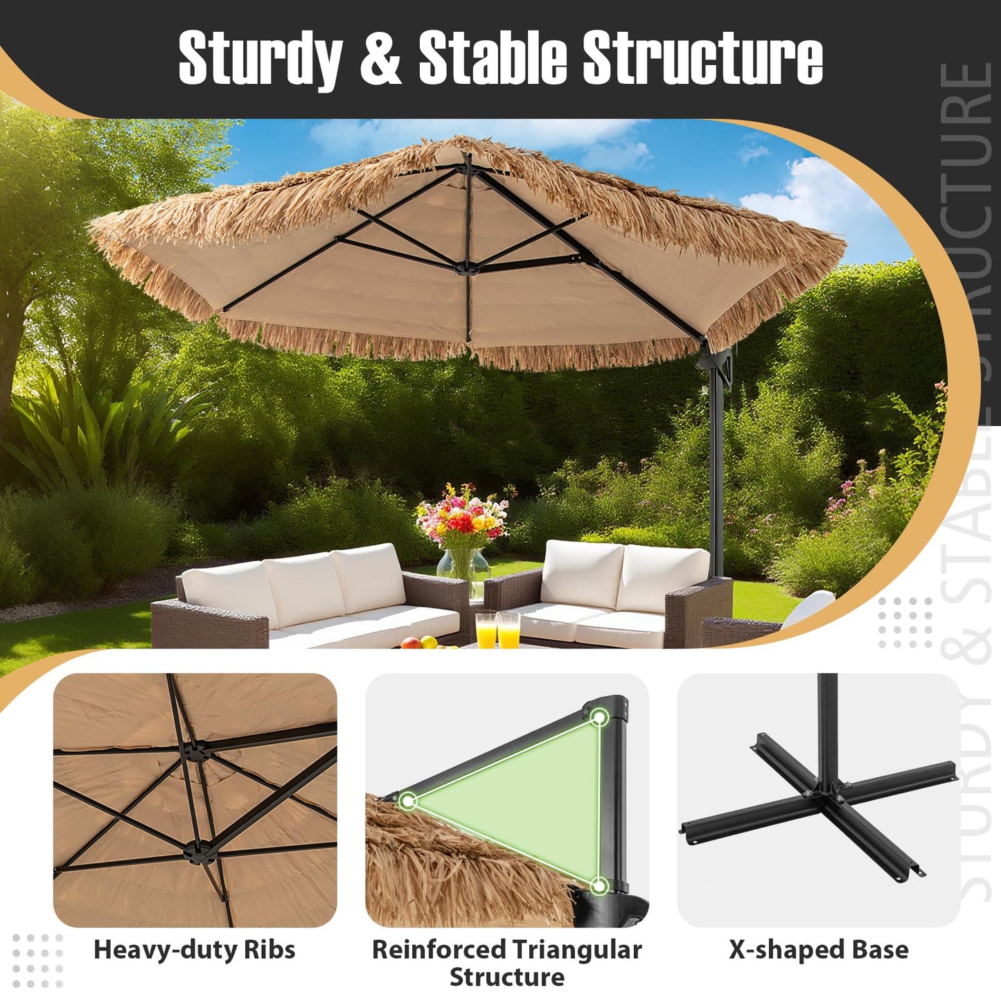 2.7m Cantilever Tiki Parasol Hawaiian Style Patio Beach Umbrella with Vented Top