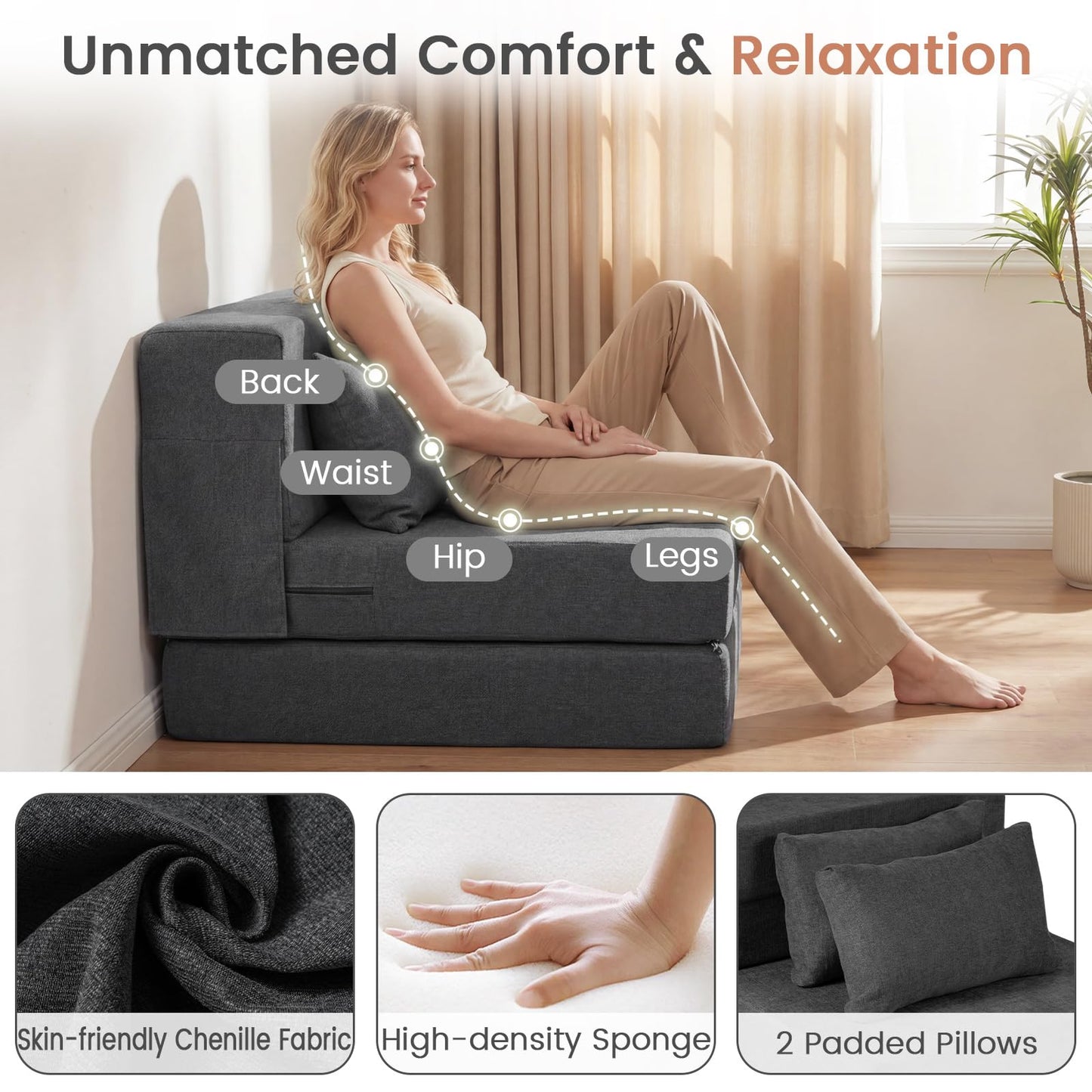 Folding Sofa Bed, 3-in-1 Convertible Sleeper Chair Futon Couch Bed with 2 Pillows