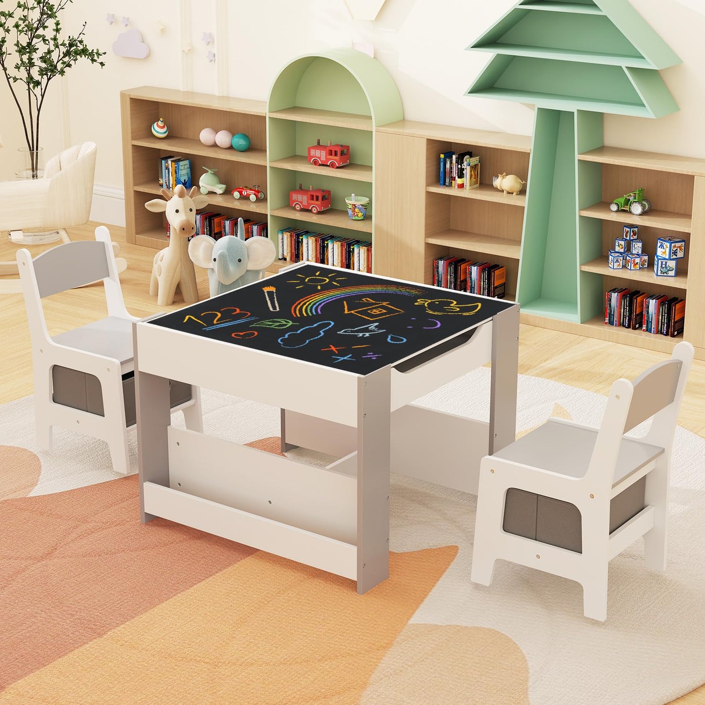 4 in 1 Kids Table and Chairs Set with Reversible Tabletop and Bookshelves