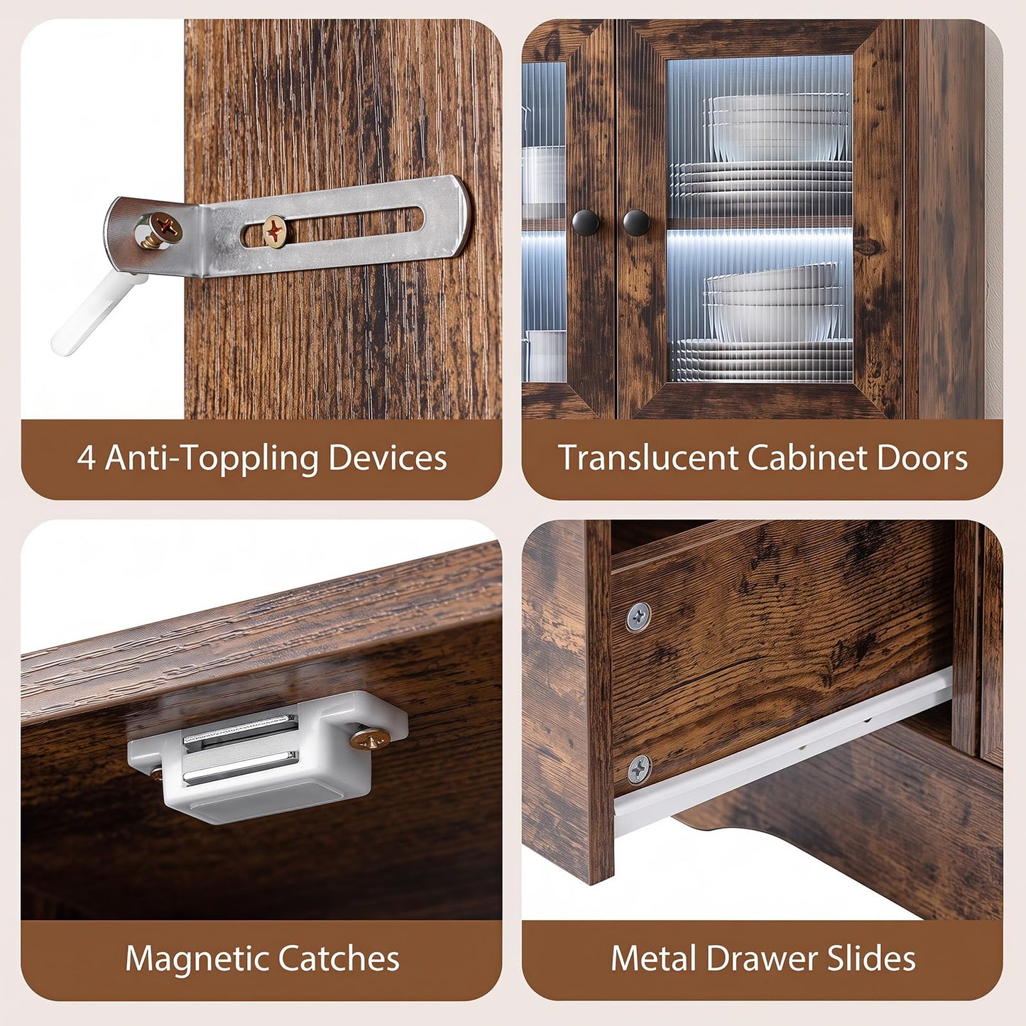 Kitchen Pantry Cabinet with Adjustable LED Lights, 4 Drawers