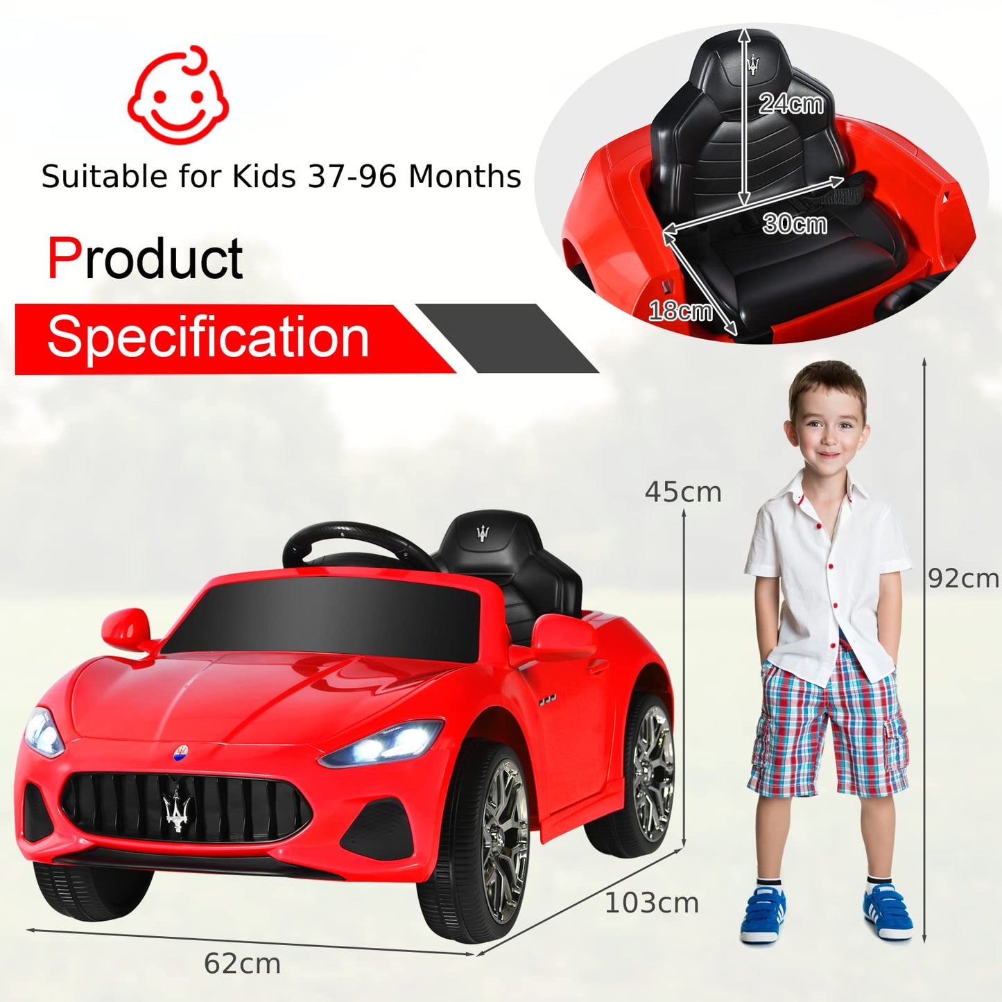 12V Electric Kids Ride On Car for 3+ Years Old Boys Girls
