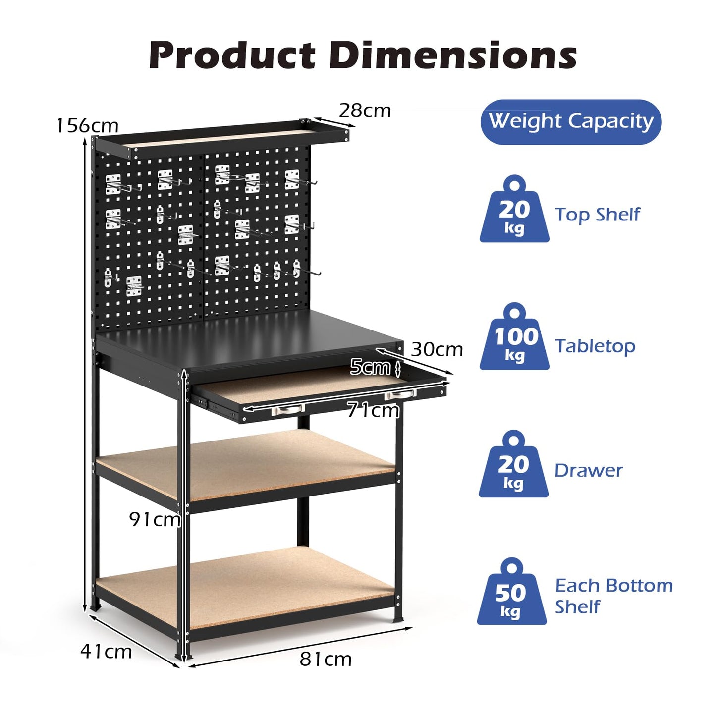81 x 41 CM Workbench with Pegboard and Drawer and Shelves