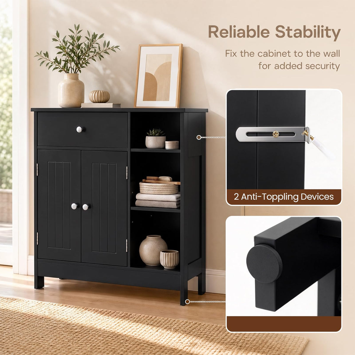 Bathroom Floor Cabinet with Drawer, Adjustable Shelves