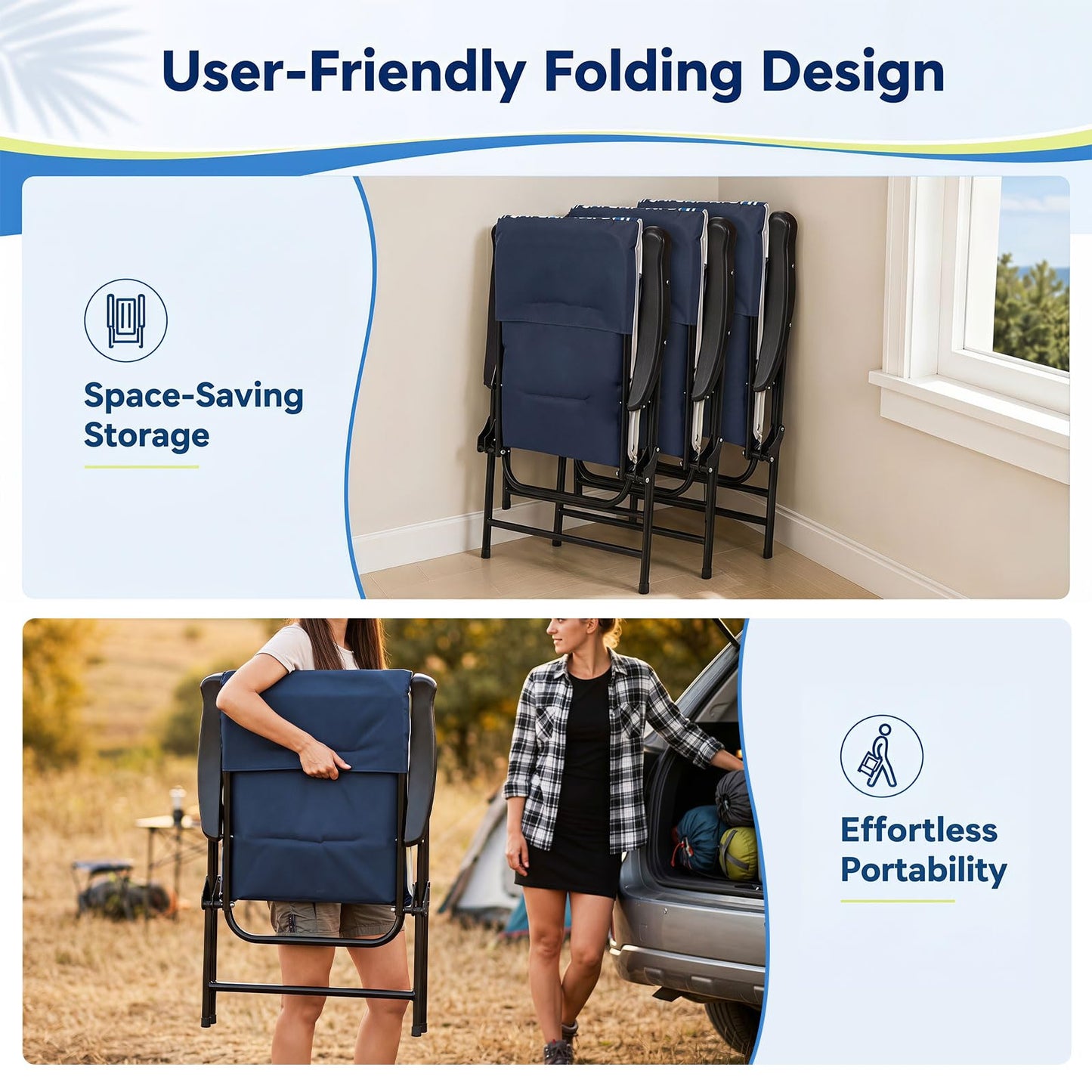 Set of 2 Foldable Beach Chairs, High Back Padded Camping Chairs