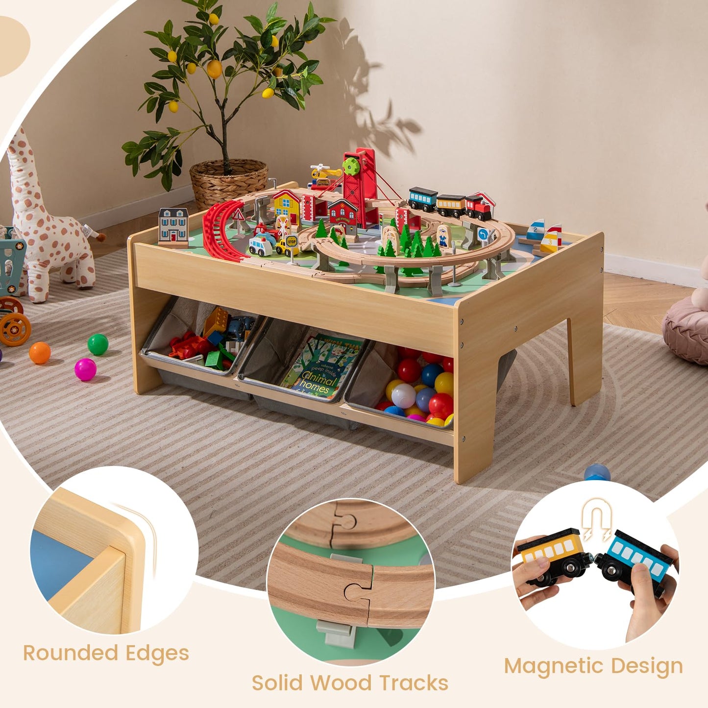 Wooden Train Set Table with 2 Reversible Tabletops and 3 Fabric Drawers
