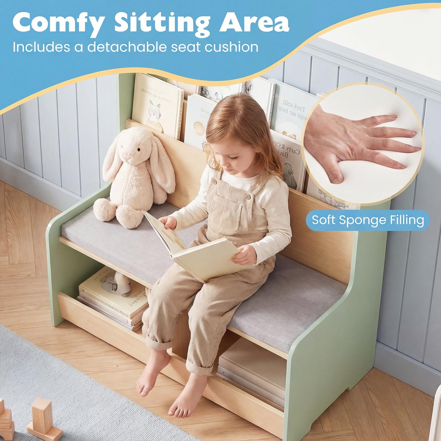 Kids Reading Nook with Bench Toddler Toy Storage Organizer with Bookshelf and 2 Cubbies
