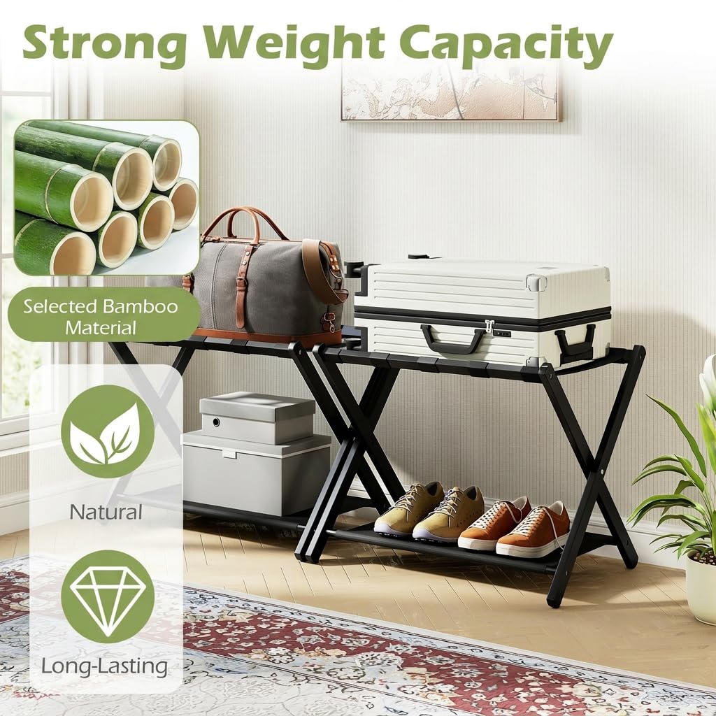 Set of 2 Bamboo Luggage Racks with Nylon Straps and Oxford Cloth Storage Shelves