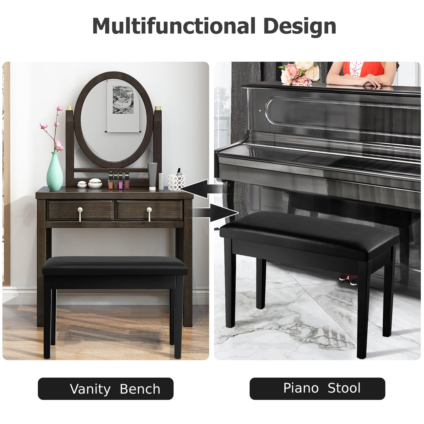 Leather Piano Bench with Storage Compartment and Wooden Legs