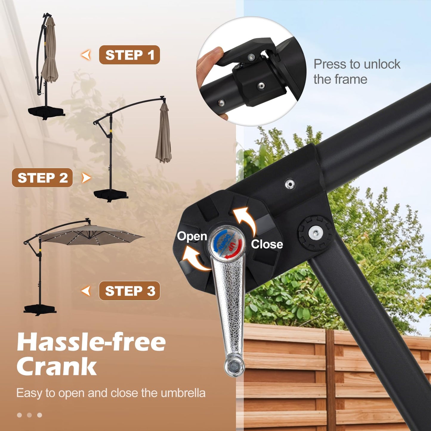 3M Garden Cantilever Parasol, Outdoor Offset Banana Hanging Umbrella with LED Lights