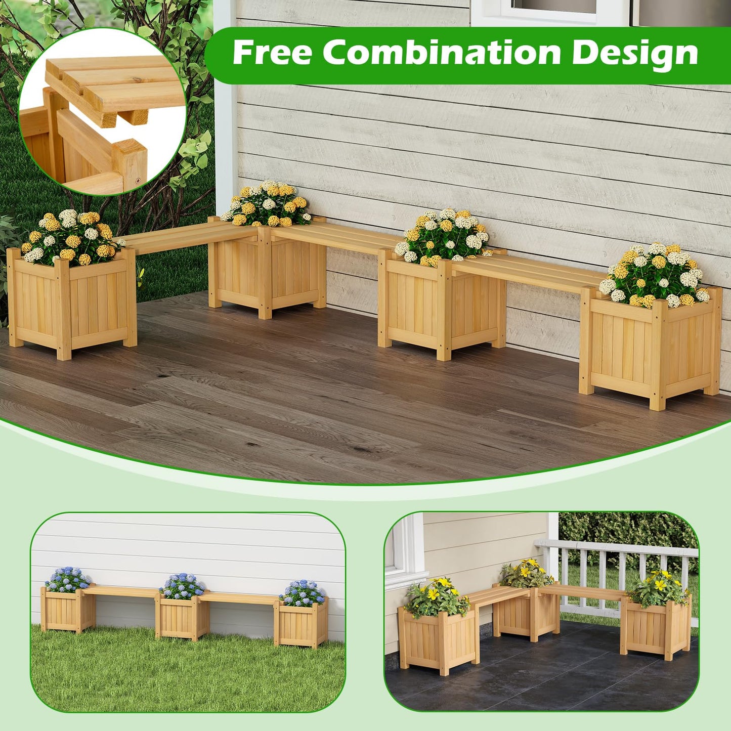 3-in-1 Wooden Planter, Raised Garden Bed, Teak Oil Finish Outdoor Flower Box