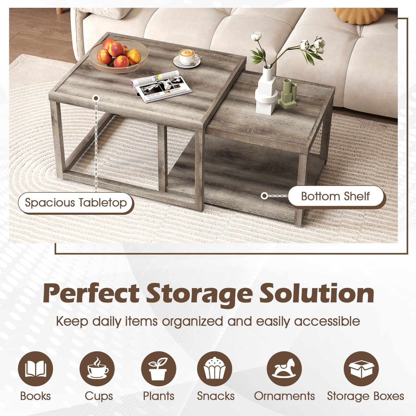 Nesting Coffee Table Set of 2 with Storage Shelf and Rubber Wood Frame