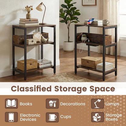 Side Table with Charging Station, 3-Tier Industrial Nightstand Bedside Table