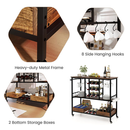3 Tiers Bar Cart on Wheels with Glass Racks