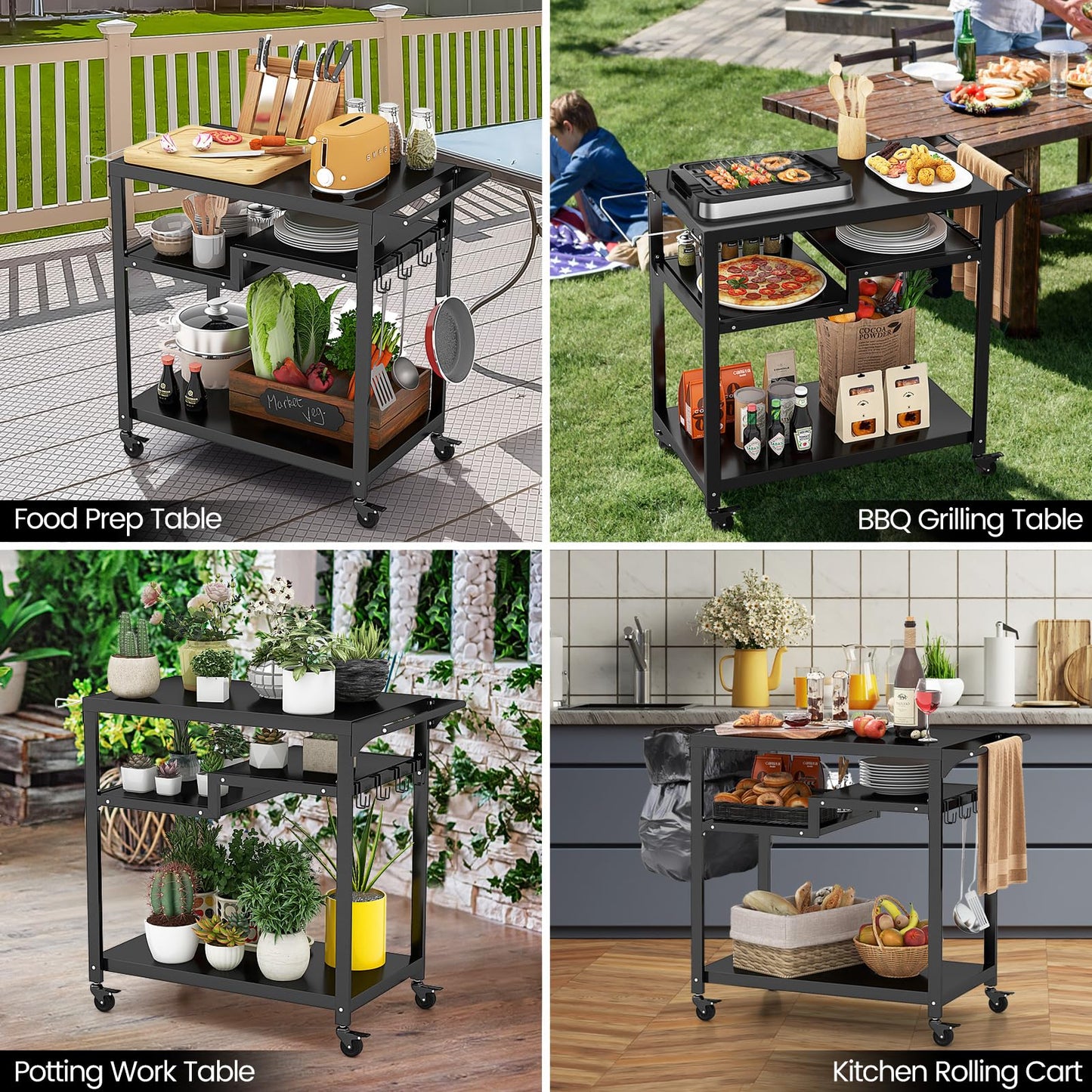 2 or 3 Shelf Movable Pizza Oven Table Stand with 4 Lockable Wheels