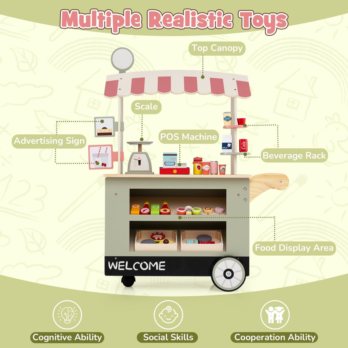 Kids Snacks and Sweets Food Cart Toy Cart Play Set with POS Machine