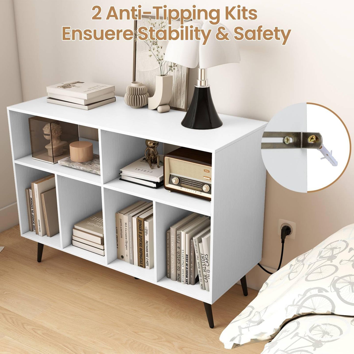 Record Player Stand with Charging Station and Storage Shelves