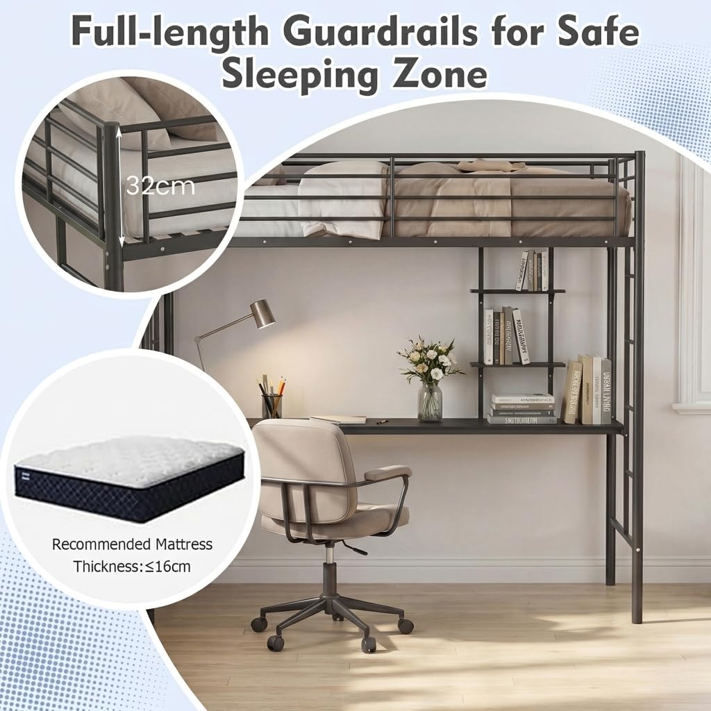 Metal Bunk Bed with Desk, Space-Saving High Sleeper Bed