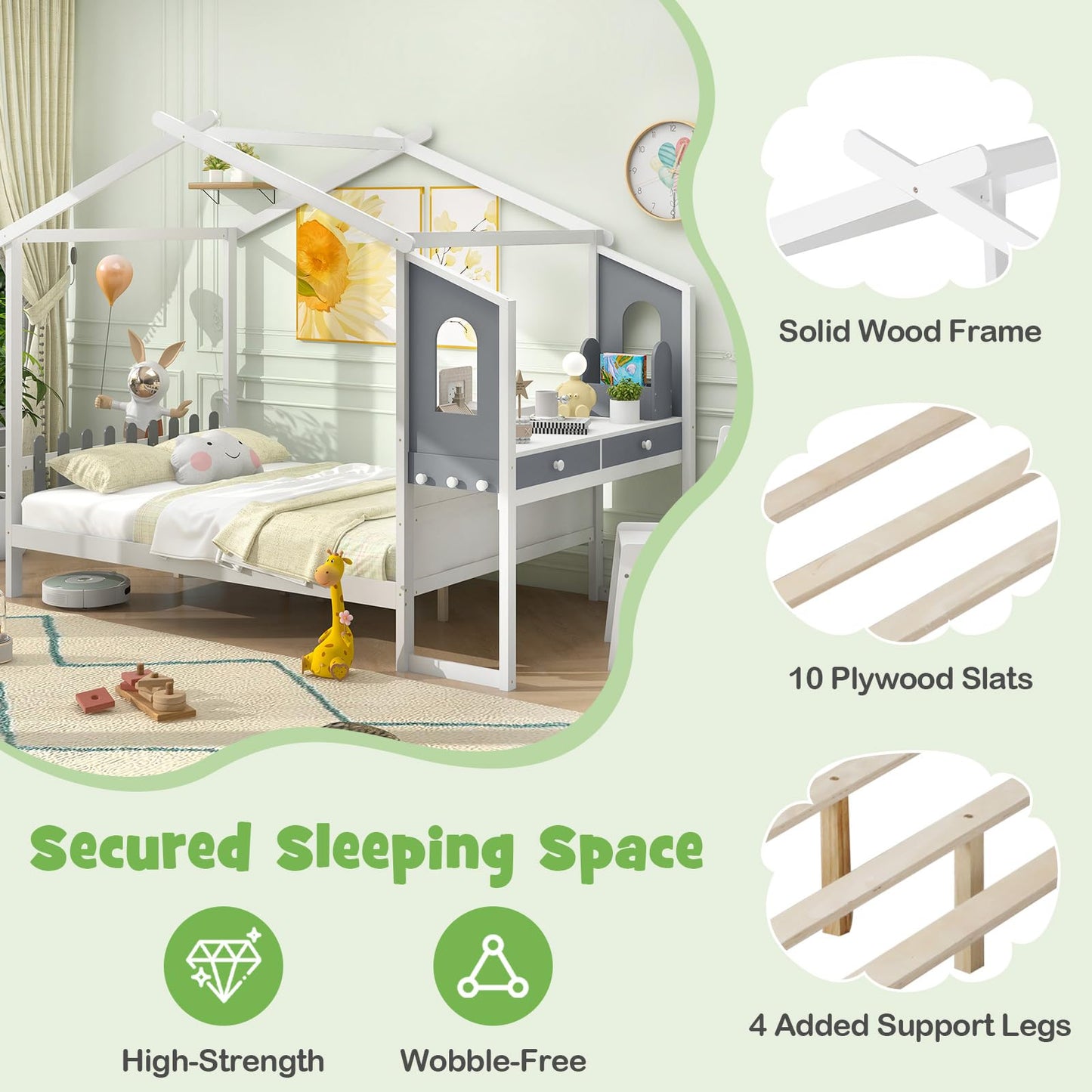 Single/Double House Bed Wood Montessori Bed Frame with Desk