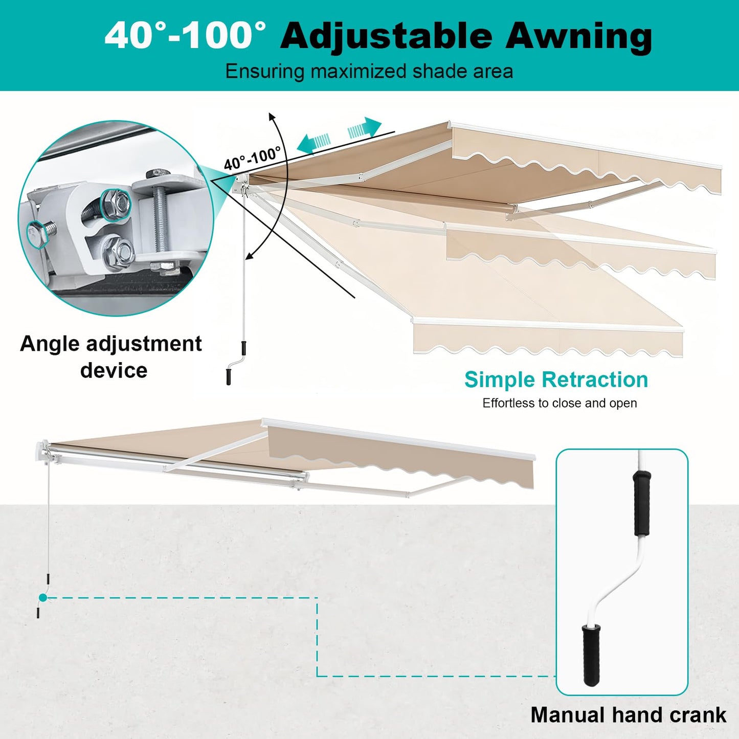 3 x 2.5m Retractable Manual Awning, Anti-UV and Waterproof Garden Patio Canopy