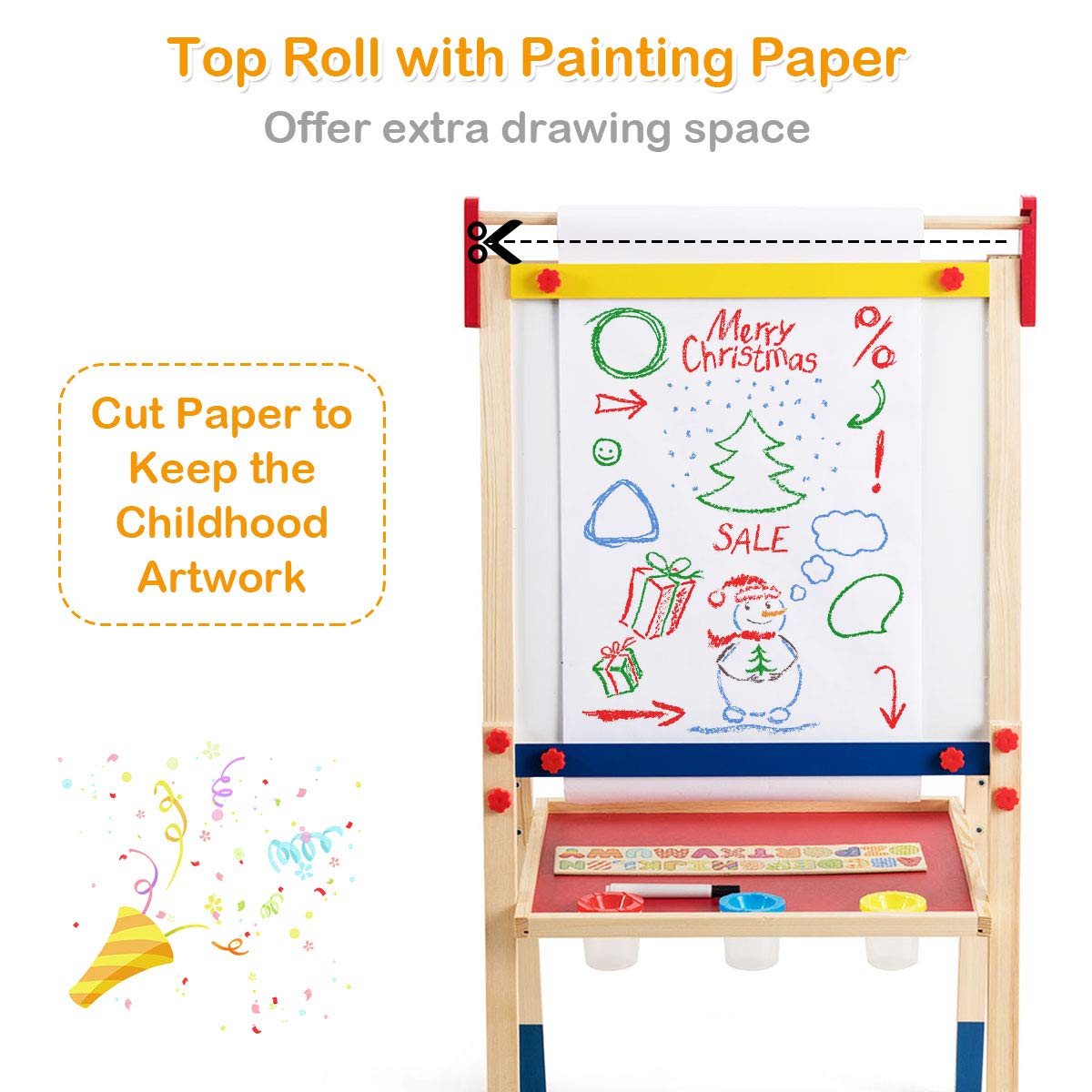 3 in 1 Wooden Kids Art Easel with Paper Roller