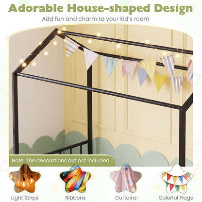 Kids Bed Frame, 3FT Single Size House Bed with Roof, 2 Drawers, Headboard & Footboard