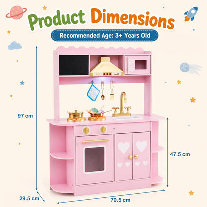 Kids Play Kitchen, Wooden Toy Kitchen with Stoves, Range Hood, Oven