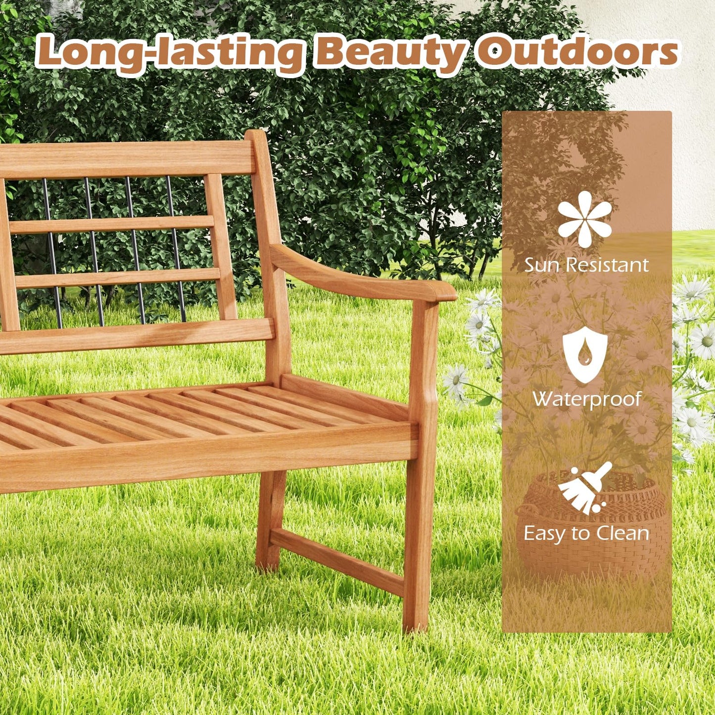 Patio Acacia Wood Bench Wooden 2 Person Outside Chair