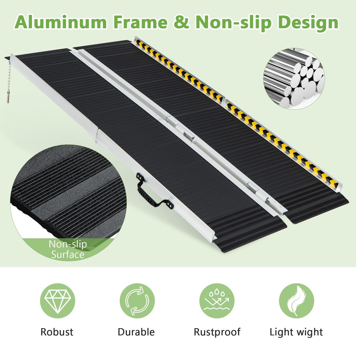 5FT Wheelchair Ramp with Transition Plate and Reflective Warning Stickers