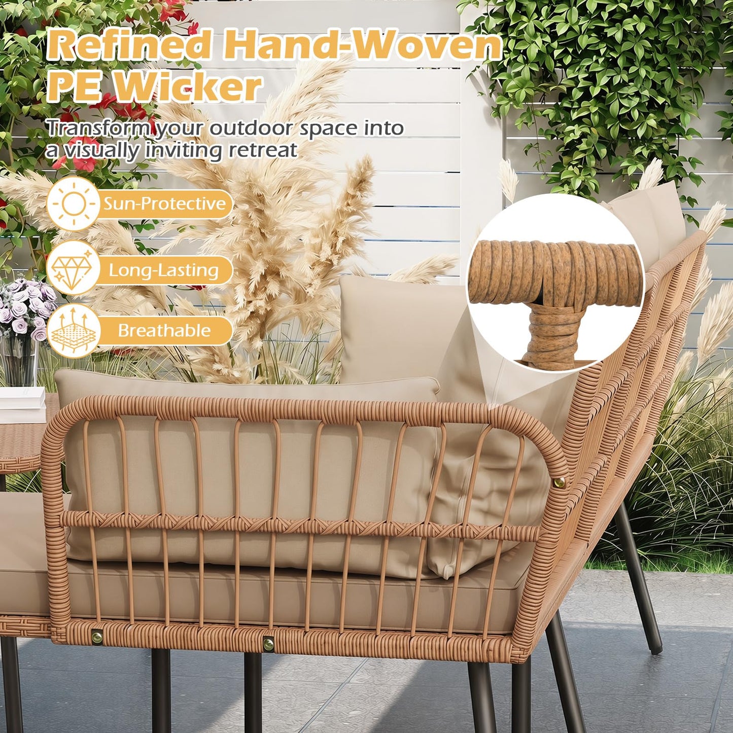 4-Seater Rattan Garden Furniture Set, 3-Piece L Shaped Sectional Outdoor Corner Sofa Sets