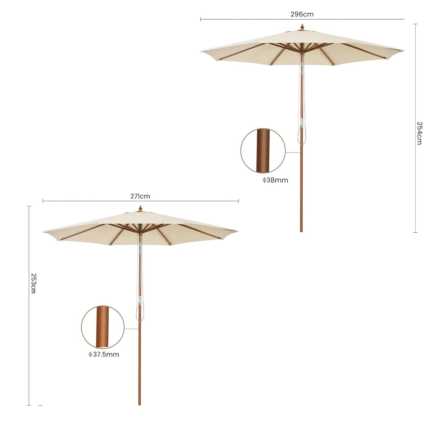 2.7/3m Wooden Patio Parasol Sun Shade Umbrella with 8 Ribs