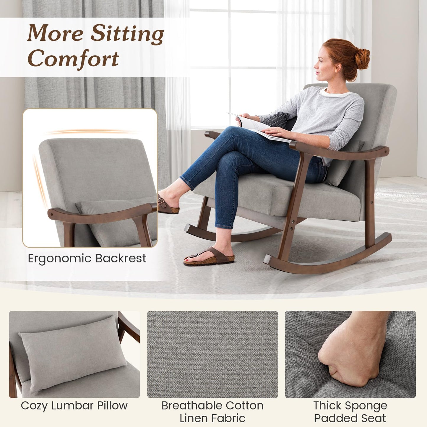 Nursery Rocking Accent Chair Rocker Armchair with Rubber Wood Armrests